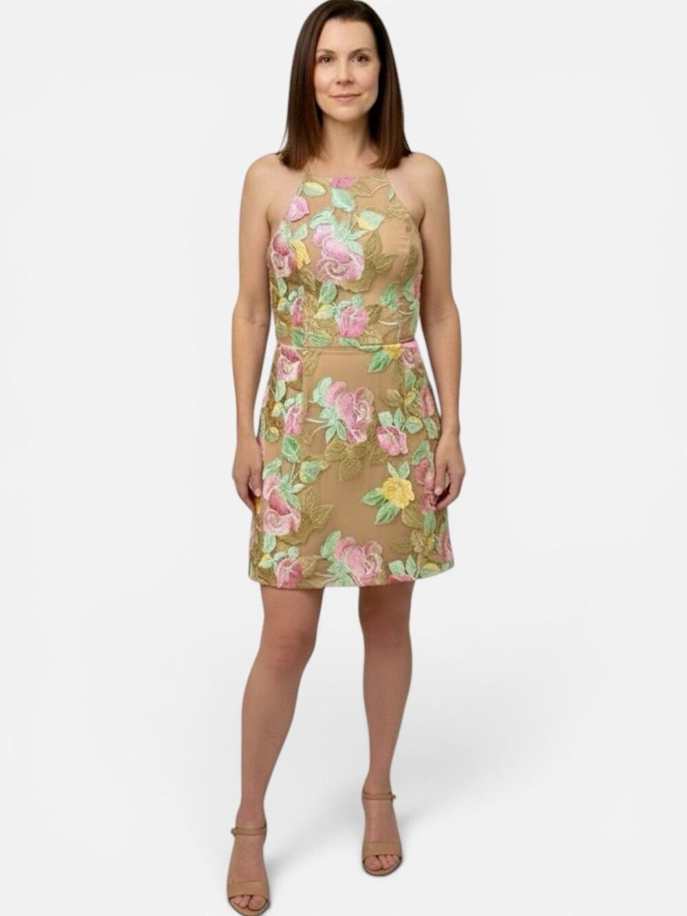 Dress The Population Floral Halter Sheath Dress Beige Tan Green Pink Size Medium